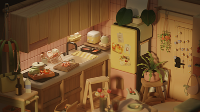 One tiny kitchen 3d blender illustration