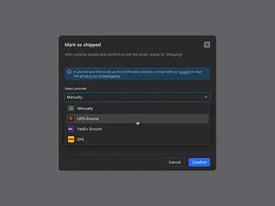 Changing order status - eCommerce platform confirmation dark mode delivery methond order order details order progress order status shipping method shipping status single order status tracking number
