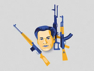 Mikhail Kalashnikov and his inventions ai army automatic blue branding engineering geometric gun guns illustration kalashnikov machine man military minimal orange portrait soldier vector weapon