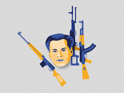 Mikhail Kalashnikov and his inventions ai army automatic blue branding engineering geometric gun guns illustration kalashnikov machine man military minimal orange portrait soldier vector weapon