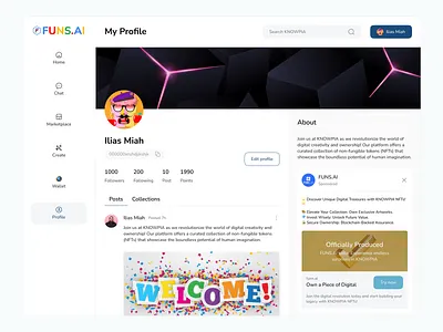 Funs.AI Marketplace Website: My Profile Page UIUX Design creativeui design digitaldesign figmadesign profilepage profileui ui ui design uidesign uiuxdesign userexperience ux web design webdesign website websitedesign