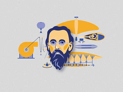 Konstantin Tsiolkovsky and his inventions adobe ai airship banner beard blue education geometric glasses graphic design icon illustration invention man minimalism orange portrait scientist tsiolkovsky vector