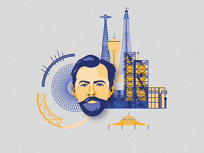 Vladimir Shukhov and his inventions architecture beard blue building composition design editorial education engineering graphic illustration layout man orange portrait science shukhov technology tower vector