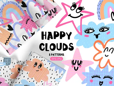 Happy clouds. Patterns. Kids designs abstract background clouds cute design fabric face girl happy heart kids little patt pattern rainbow smile vector