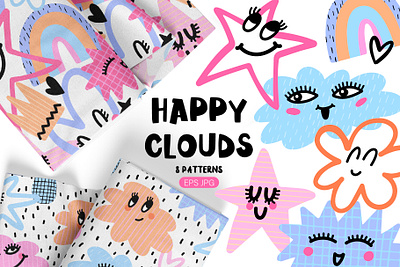 Happy clouds. Patterns. Kids designs abstract background clouds cute design fabric face girl happy heart kids little patt pattern rainbow smile vector