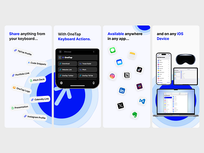OneTap: Keyboard Shortcuts App Store preview screens app store screenshots graphic design mobile app ui user interface