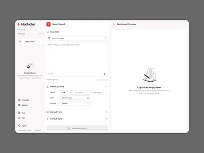 MedNotes - Create New Consult ai ai website ai writer artificial intellegent design empty states product design saas saas ui ui uiux user interface webapp
