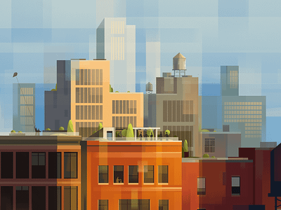 New York's roofs architecture character city graphic design illustration new york people roofs sky skyline sunset vector