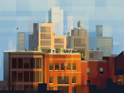 New York's roofs architecture character city graphic design illustration new york people roofs sky skyline sunset vector