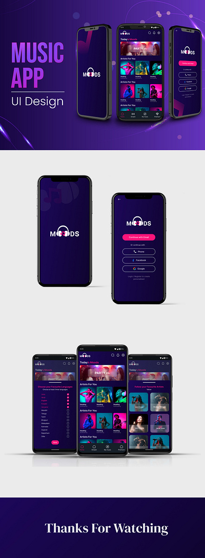 Moods : Music Application screens app branding design graphic design illustration ui ux