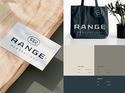 Range Reno architecture bag brand building business card card color colors construction logo monogram packaging renovation symbol tote tote bag wood