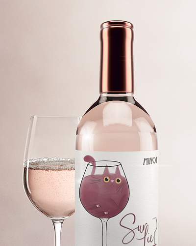 Rosé Wine Label Design cat digital art illustration label design rosé wine watercolor wine wine art wine cup wine glass wine label