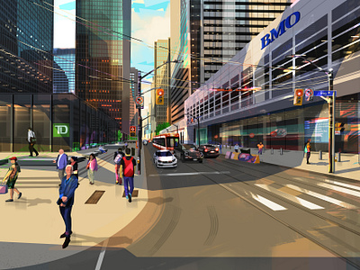 Sunny morning bank city colourful downtown illustration lights people print street sunny toronto vector