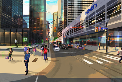 Sunny morning bank city colourful downtown illustration lights people print street sunny toronto vector