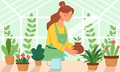 Young woman gardener branding character illustration design flat garden girl green greenhouse illustration orangery people plant pot vector