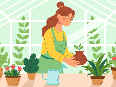 Young woman gardener branding character illustration design flat garden girl green greenhouse illustration orangery people plant pot vector