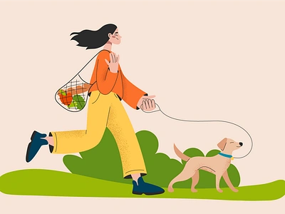 Walk with dog animal character illustration design dog eco bag enviroment flat girl illustration people texture vector walking web illustration woman