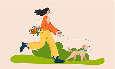 Walk with dog animal character illustration design dog eco bag enviroment flat girl illustration people texture vector walking web illustration woman