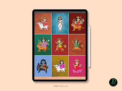 MAA DURGA- Nine FORMS ( नवदुर्गा ) artist artisticrishi devi maa durga durgamaa goddess illustration illustration artist indian god navdurga procreate procreate illutration rishikesh malviya