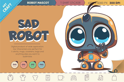 Cartoon sad robot. android art cartoon character chibi comic cyborg design illustration mascot mechanism robot sad sticker vector