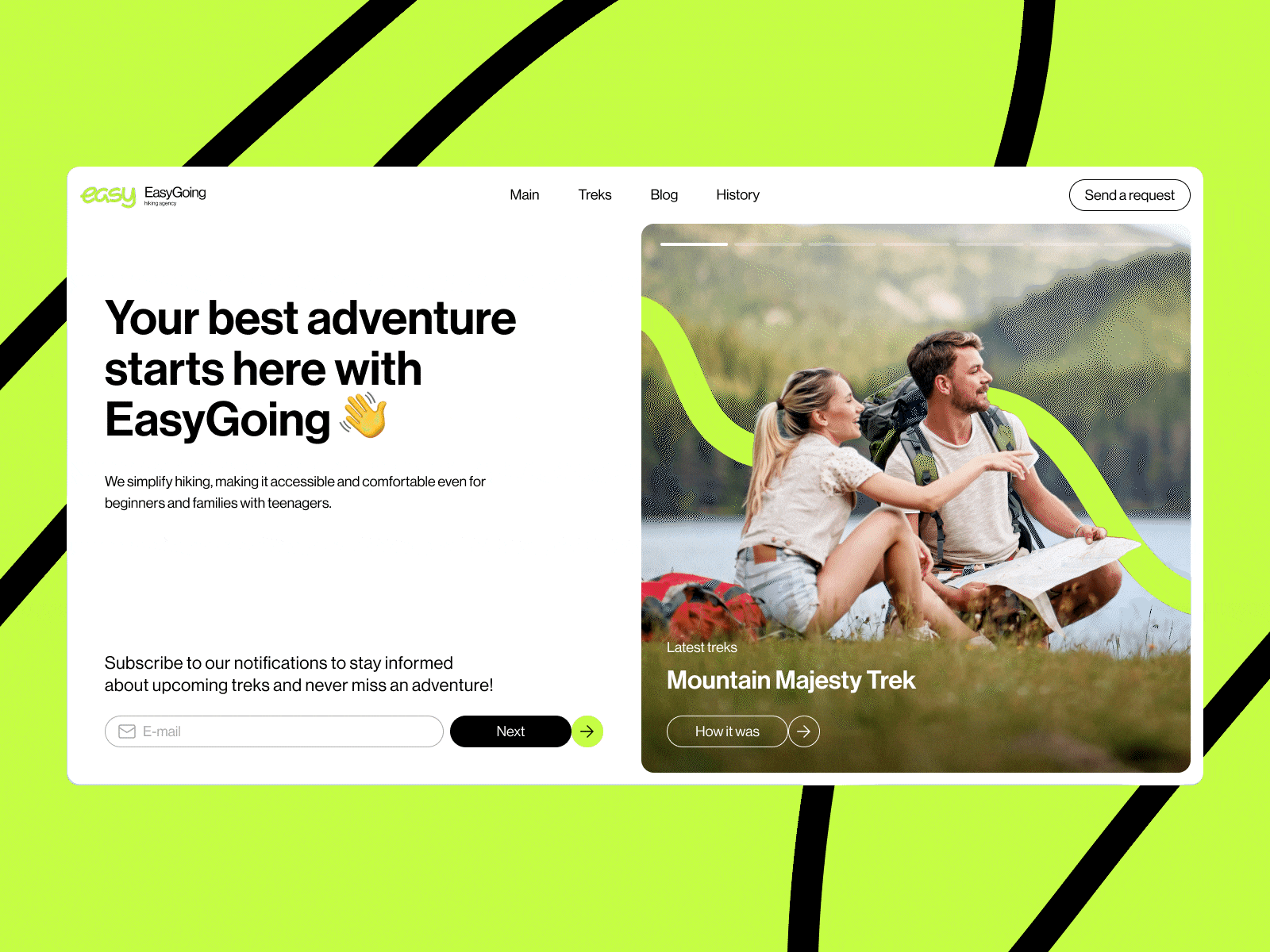 Hiking agency Main page 🏕️ green hiking interface slider travel ui user interface web