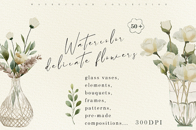 Watercolor delicate flowers set anniversary bohemian creativity cristal delicate drawing flower glass graphic design greeting illustration invitation romantic roses template top transparent vase watercolor wedding