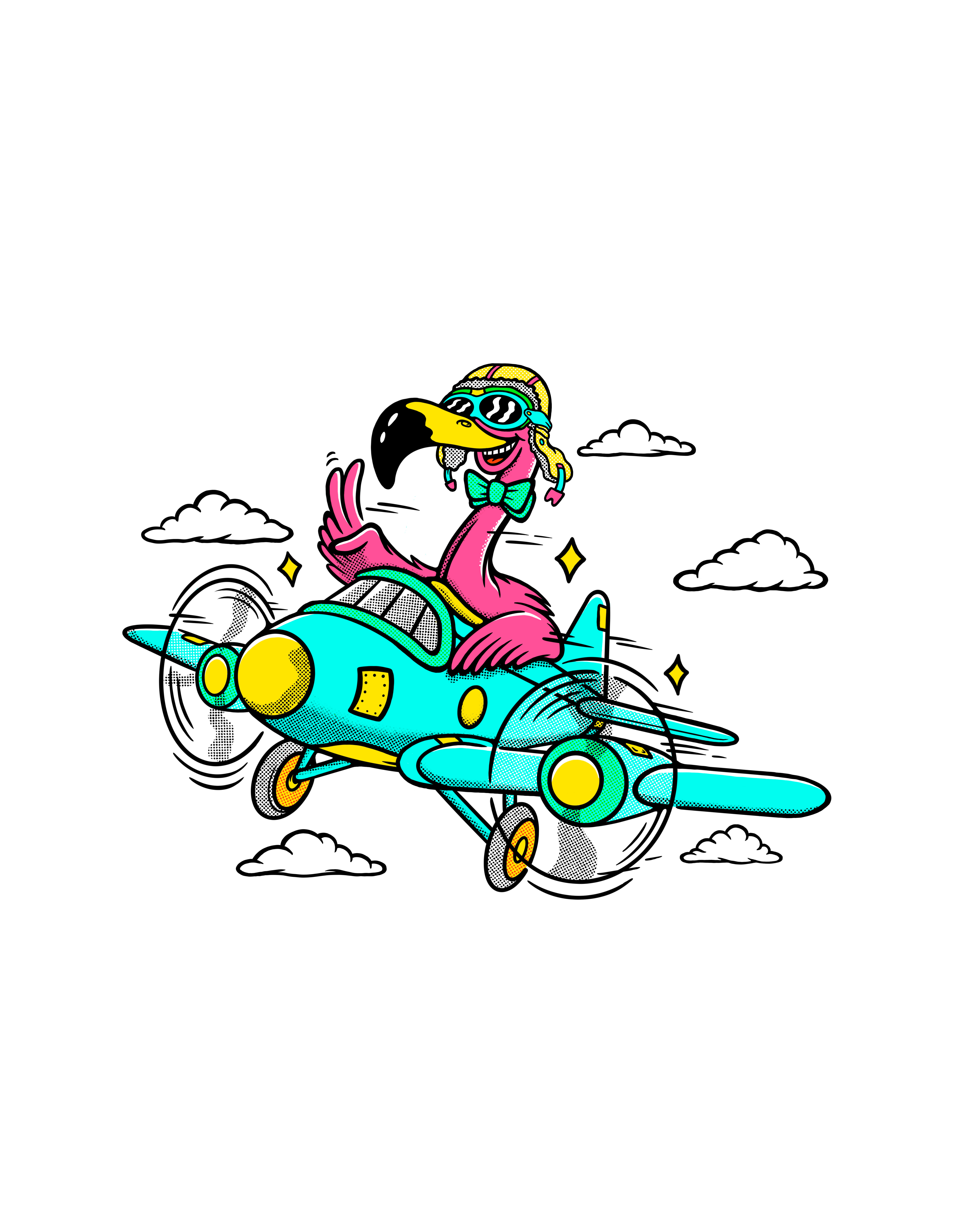 Funk's Flight Club - Funk's Vintage branding clothing flamingo funksvintage illustration mascot mascot design merchandise plane propeller retro vintage