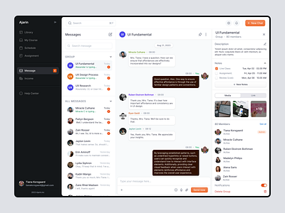 Ajarin : E-Course Dashboard - Message chat course ecourse dashboard design discussion group e learning ecourse elearning learning mentor message product design saas ui uiux uiuxdesign
