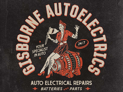 Gisborne Autoelectrics angonmangsa auto automotive badge badges branding design girl graphic design graphicdesign hand drawn illustration logo merch merchandise parts tattoes tshirt vintage vintages