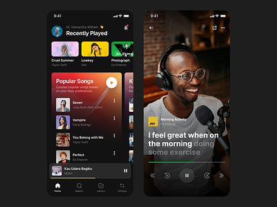 #Exploration - Music and Podcast App app clean dark theme ios iphone menu mobile music play playlist podcast responsive subtitles thumbnail ui ux