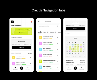 Navigation tabs - Crect android app app dashboard attendance branding calendar cards color crm erm graphic design homepage ui hrm logo navigation product ui uiux