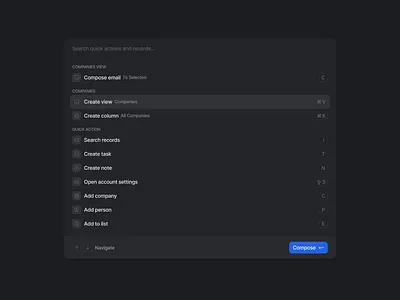Search Quick actions and records attio component compose crm list menu item menu list navigate navigation pop up product design product designer quick actions records search search menu select item shortcuts template view