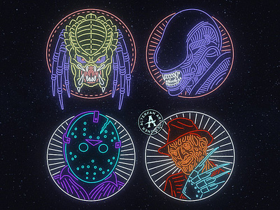 VHS NEON alien alterfan artist badge coverart design freddy kueger halloween icon illustration jason voorhees logo neon patch predator vector vhs xenomorph