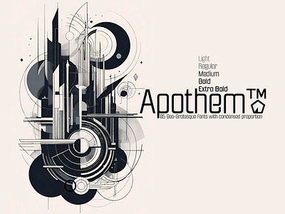 Apothem, a family of condensed fonts alternates branding condensed currencies display font editorial desing futuristic geometric headtitles latin extended a logos magazines media minimalist open type features packaging sans serif techno tv video