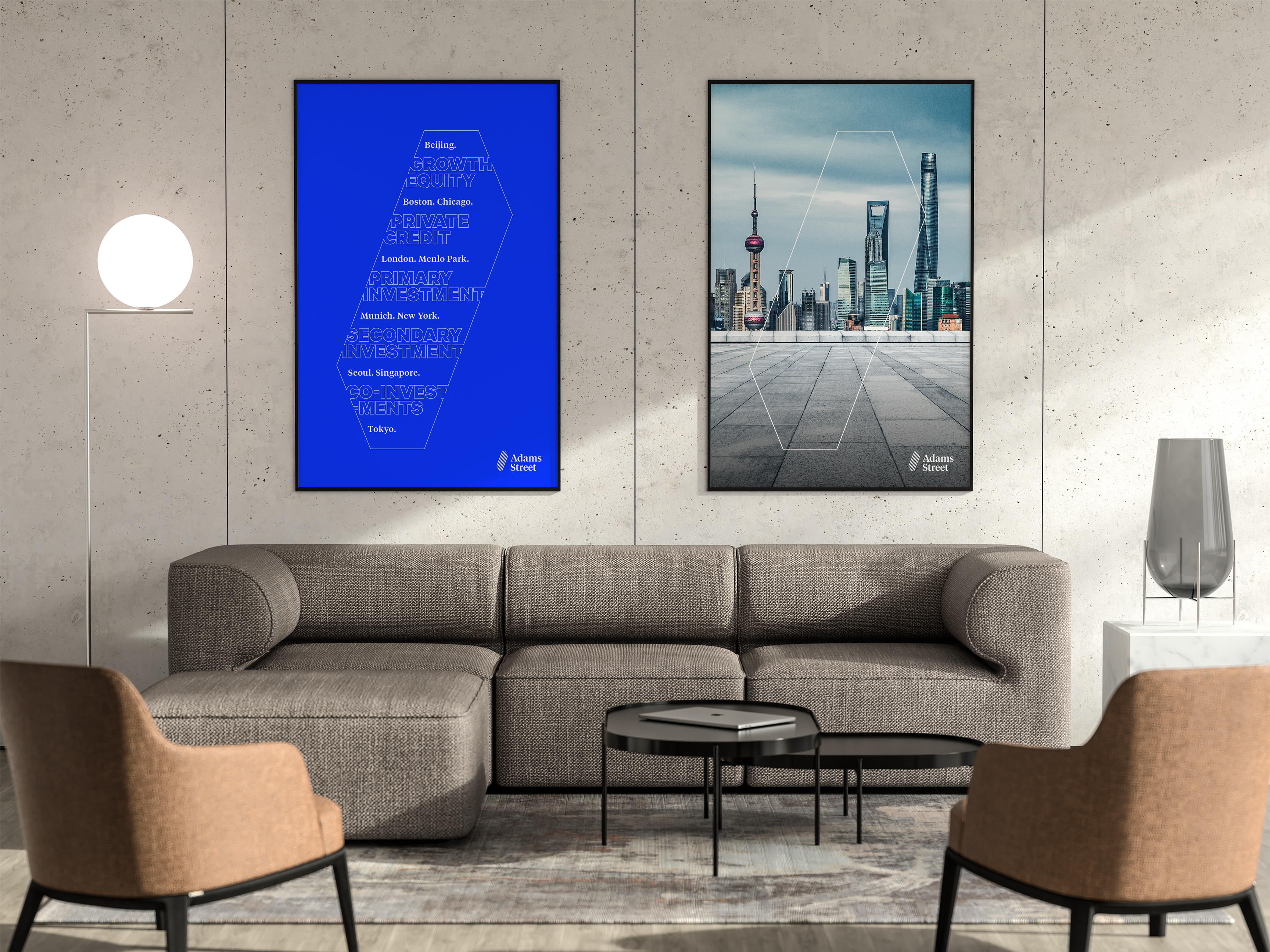 Adams Street - Rebrand - Brand Posters adams street art direction brand application brand design brand poster branding design finance fintech graphic design investment lobby logo logo design office poster private equity venture capital visual identity