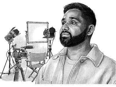 Priyesh, videographer dollar style drawing engraving etching gravure hatching illustration line art linocut money style pen and ink portrait scratchboard woodcut