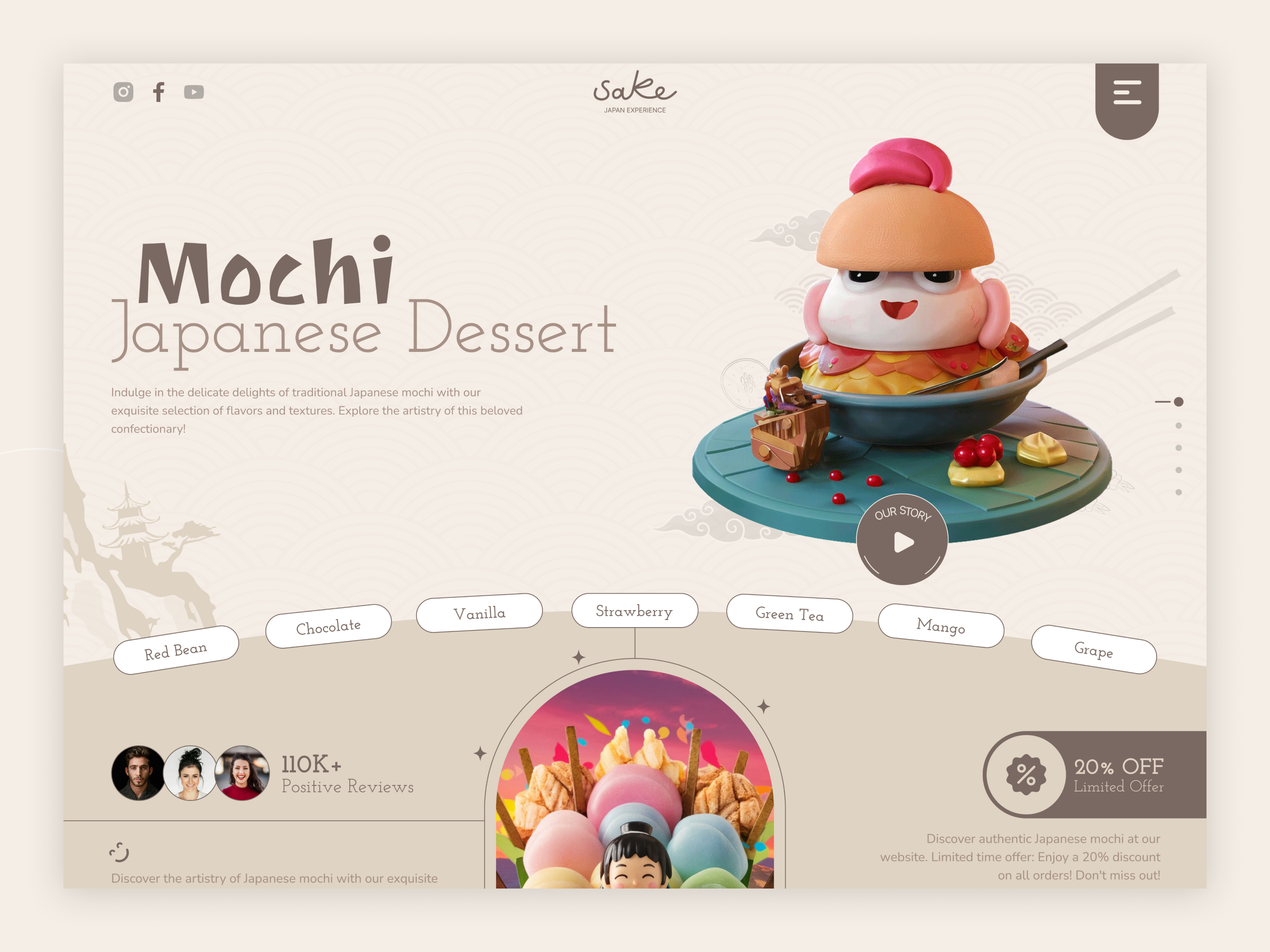 Mochi Japanese Dessert: Landing page/website UIUX creative agency dessert landing page dribbbble homepage design interface landing page minimilistic new creativity popular ui uiux uiux agency user experience web design web ui website design websites