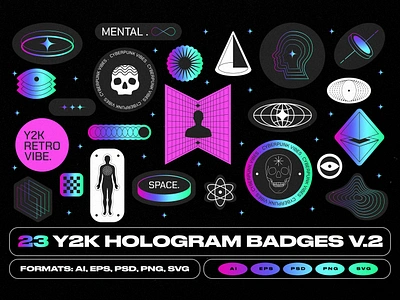 Y2K Hologram Badge Stickers V.2 80s acid badge chromatic foil gradient holo hologram holography label metallic rainbow retro sticker y2k