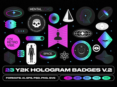 Y2K Hologram Badge Stickers V.2 80s acid badge chromatic foil gradient holo hologram holography label metallic rainbow retro sticker y2k