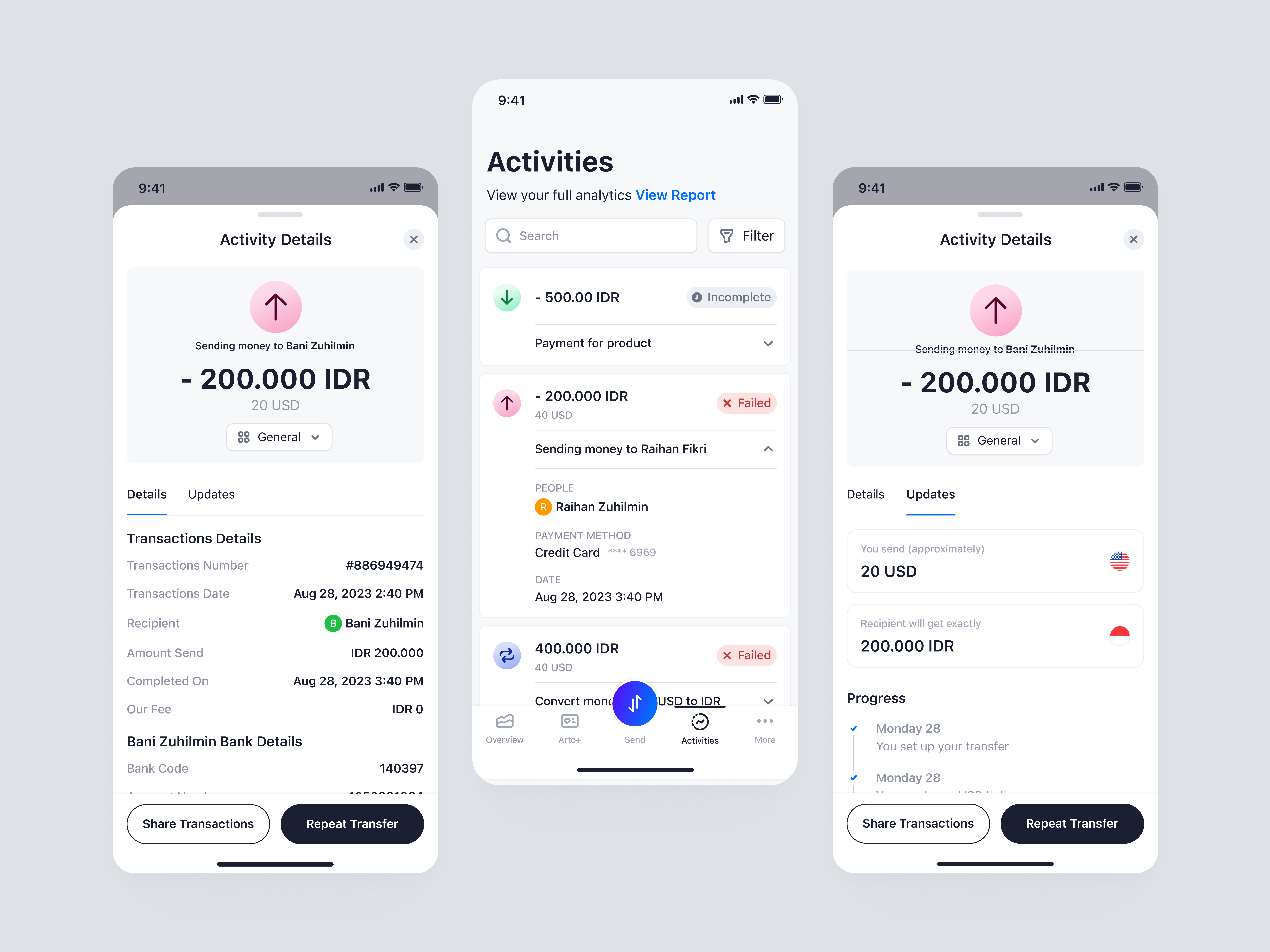 Arto Plus Mobile - Activities for Sending Money activities app finance hub management mobile app product design saas timeline transactions ui ux