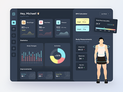 Health dashboard design branding dark theme dashboard dashboard ui design graphic design health app illustration management app social media ui ux vector web app