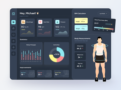 Health Dashboard UI Design 👨🏼‍⚕️ branding dark theme dashboard dashboard ui design graphic design health app illustration management app social media ui ux vector web app