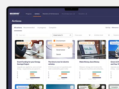 Actions catalog for business sustainability performance actions app branding cards catalog design filters sustainability tabs ui ux vendors web app