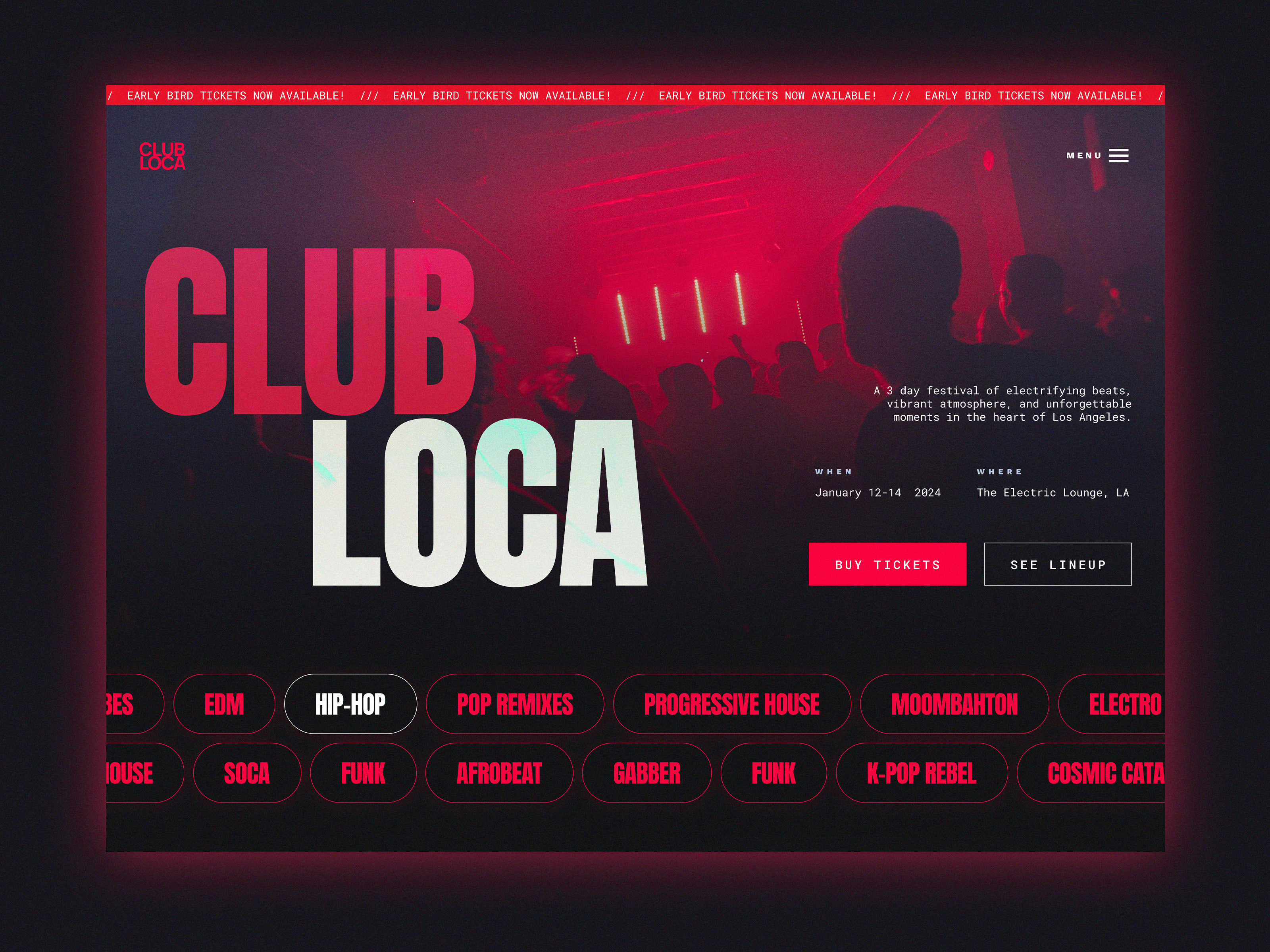 Nightclub & music event design concept all caps bold type dark mode figma red ui web design
