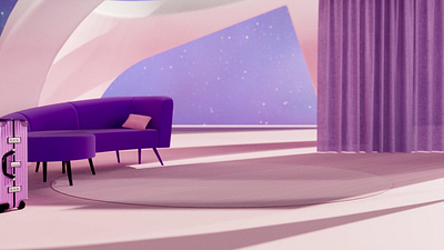 They see me rollin' 🧳 3d animation architecture cinema4d curtain floating hotel luggage motion graphics night pastel purple reception redshift sky sofa space stars travel zen