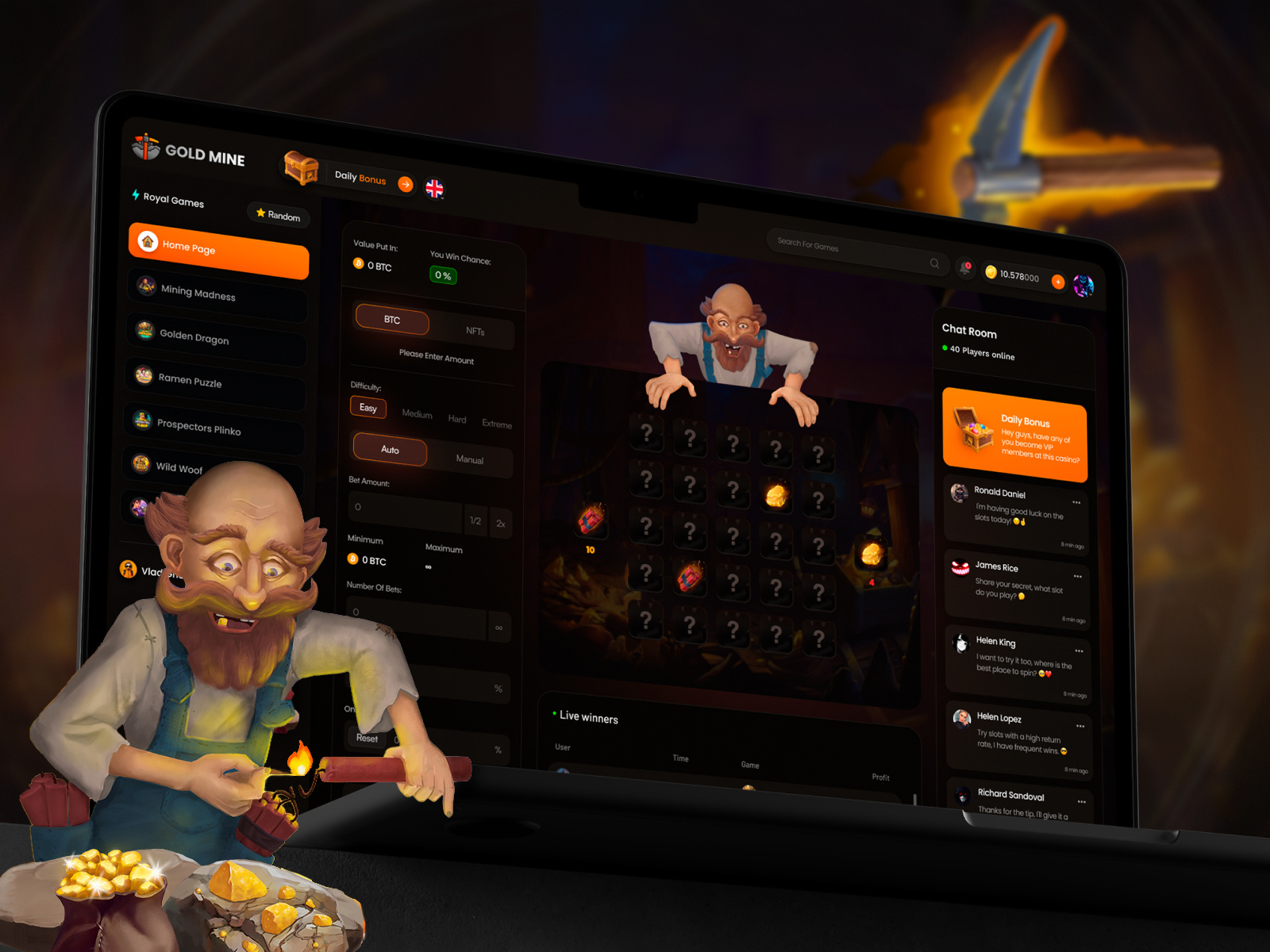Gold Mine | Online Casino app bet betting branding casino dark design gambling graphic design illustration logo microgaming mini games online casino ui ux win winner