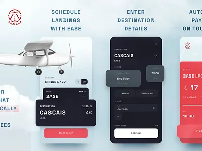 Ok2land app aiport air traffic aircraft airfield animation app black blue dark mode design development fly flying landing mobile pilot plane red ui ux