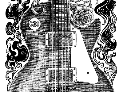 Slash & Gibson black and white engraving guitar illustration music scratchboard woodcut