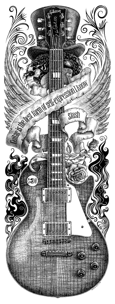 Slash & Gibson black and white engraving guitar illustration music scratchboard woodcut
