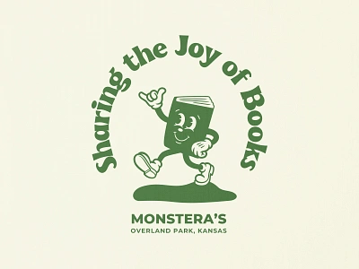 Bookie Mascot - Monstera's Books book book shop book store books cartoon character fun green hang loose happy independent bookstore joy mascot mascots one color retro rubber hose smile vintage